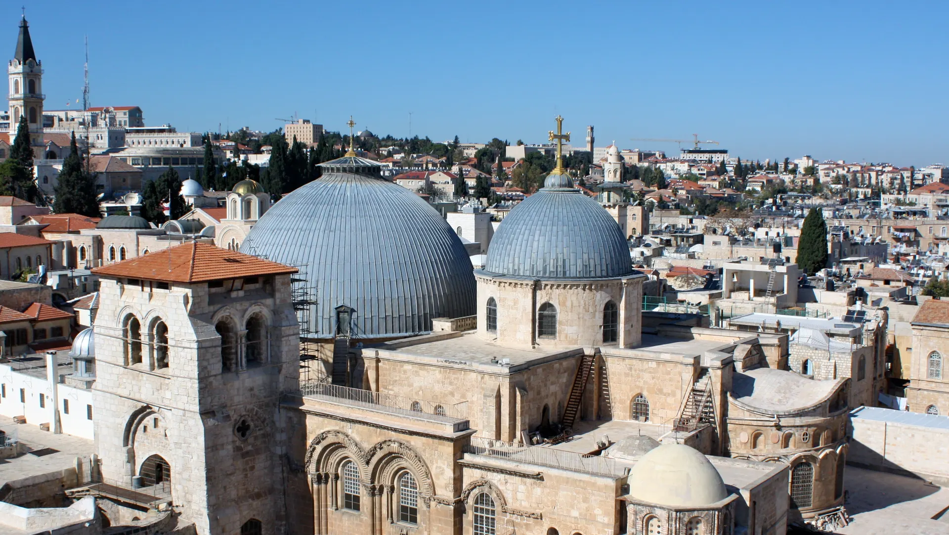 View of the Old City of Jerusalem and the domes of the Church of the Holy Sepulchre